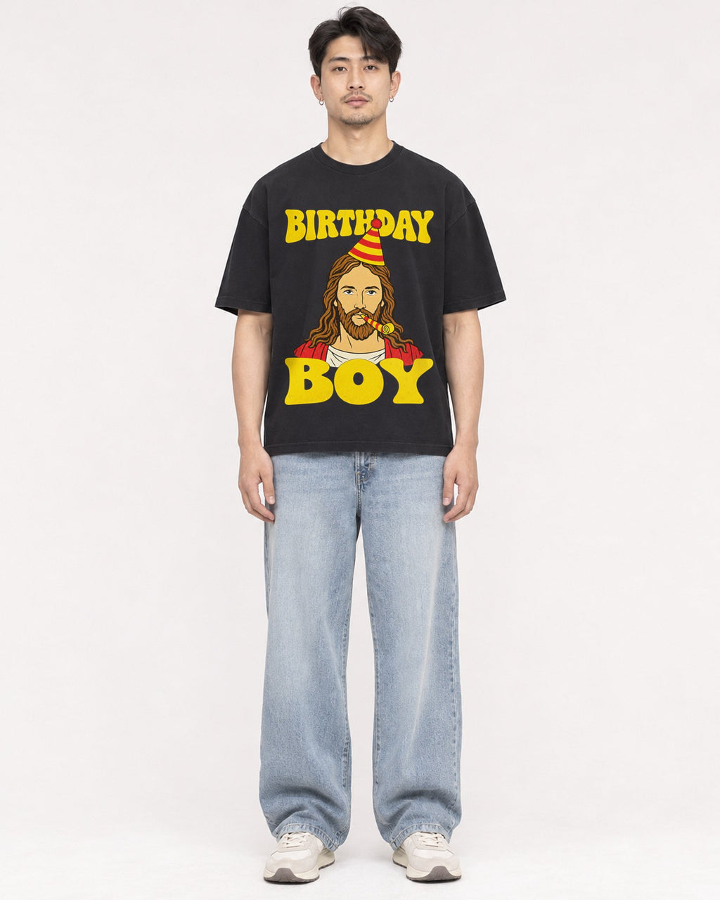 Mockup Boxy Heavyweight Tee Black male full-body 13