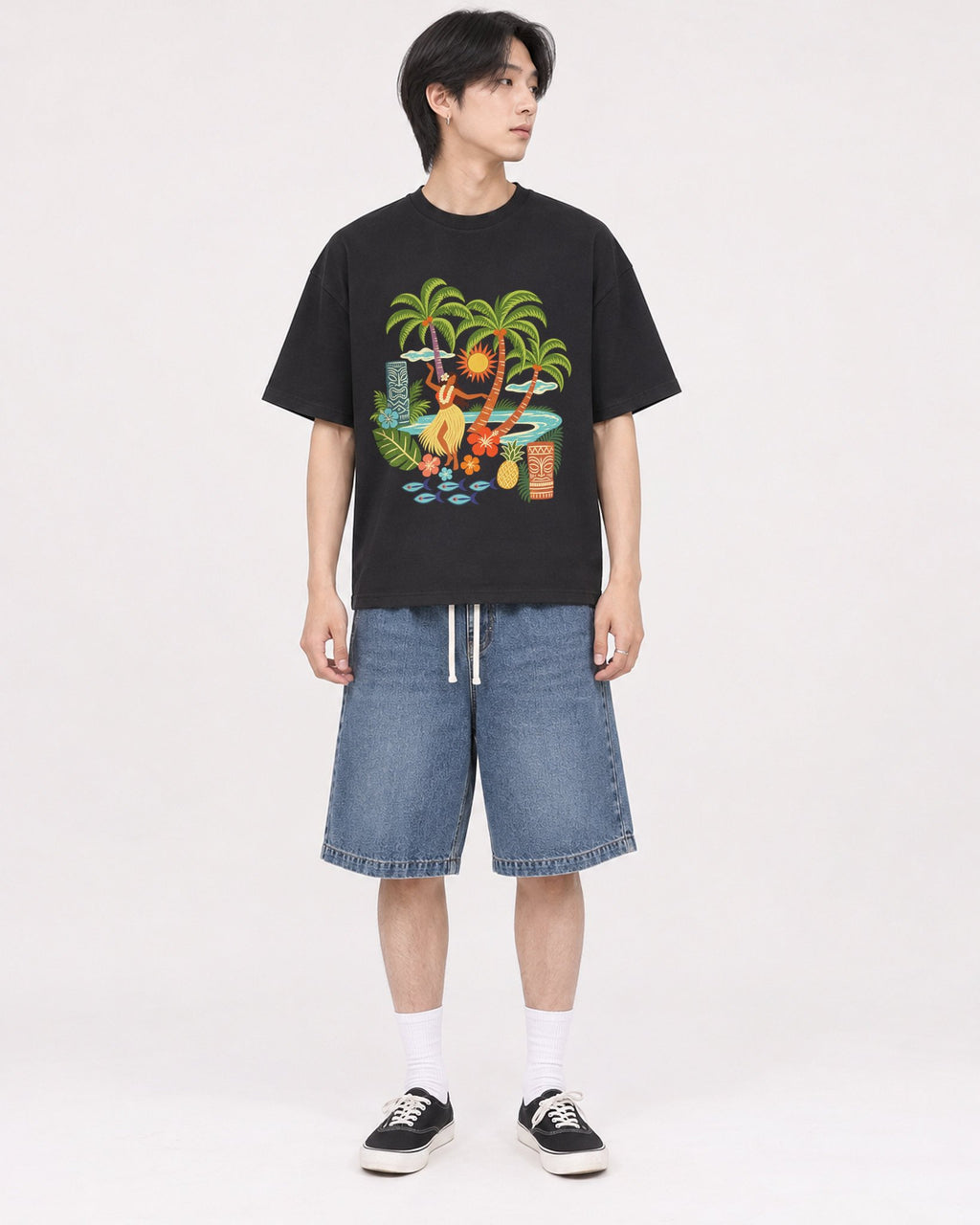 Mockup Boxy Heavyweight Tee Black male full-body 11