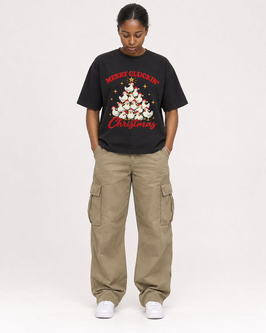 Mockup Boxy Heavyweight Tee Black female full-body 34