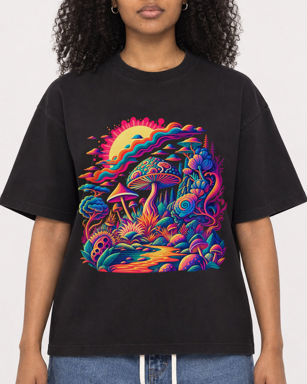 Mockup Boxy Heavyweight Tee Black female close-up 05