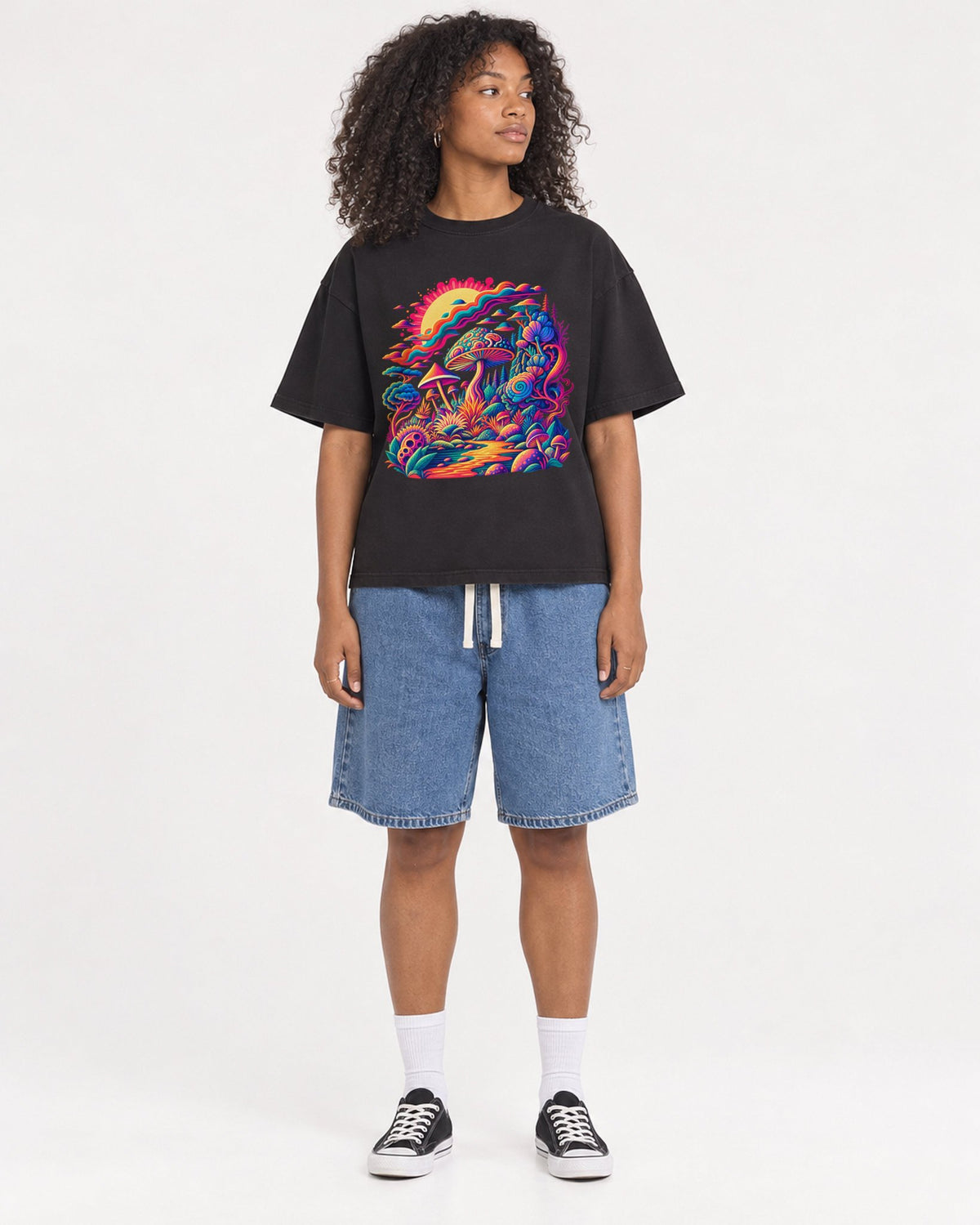 Mockup Boxy Heavyweight Tee Black female full-body 05