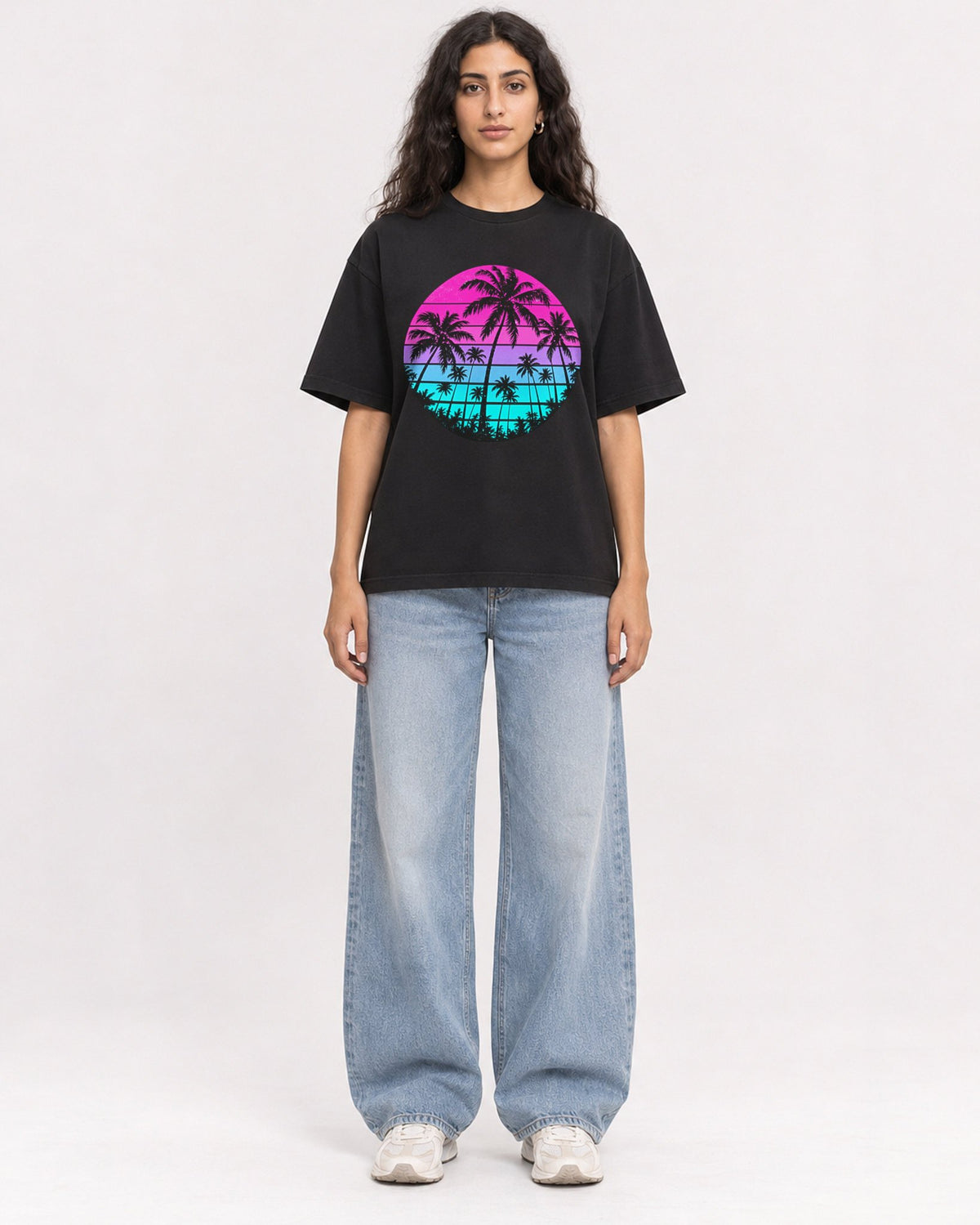 Mockup Boxy Heavyweight Tee Black female full-body 07