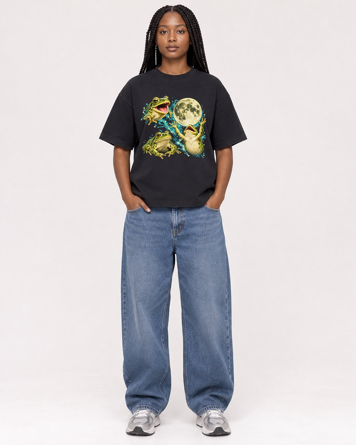 Mockup Boxy Heavyweight Tee Black female full-body 04