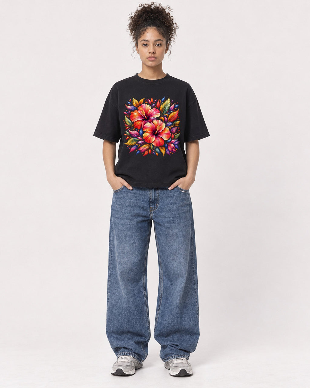 Mockup Boxy Heavyweight Tee Black female full-body 20