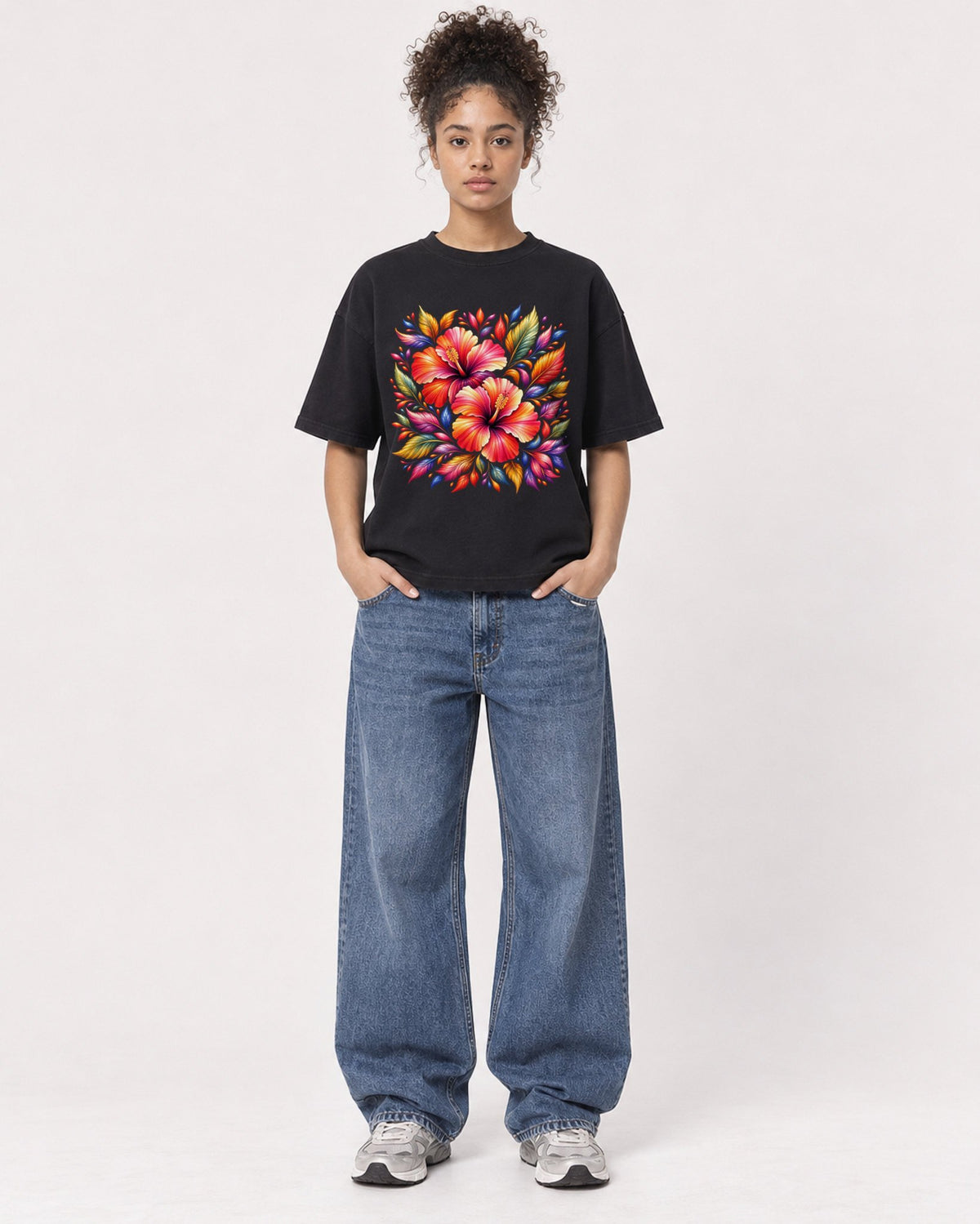 Mockup Boxy Heavyweight Tee Black female full-body 20