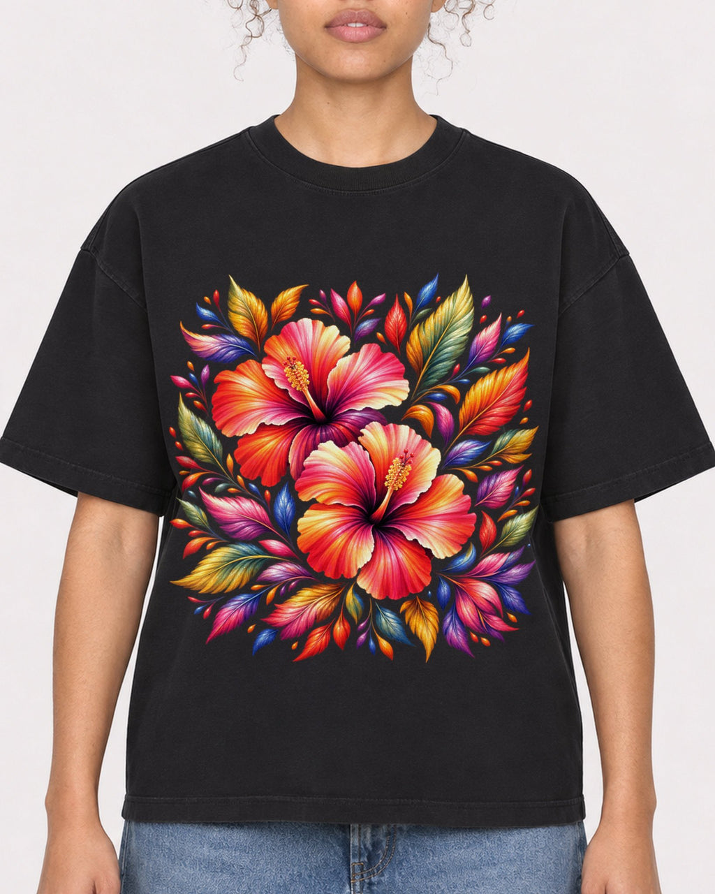 Mockup Boxy Heavyweight Tee Black female close-up 20