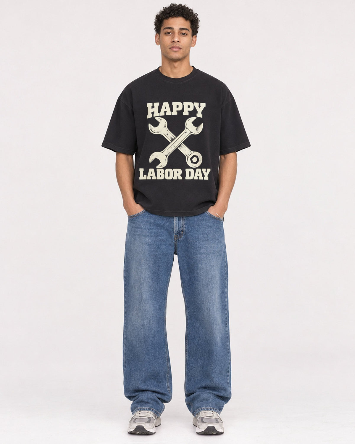 Mockup Boxy Heavyweight Tee Black male full-body 10