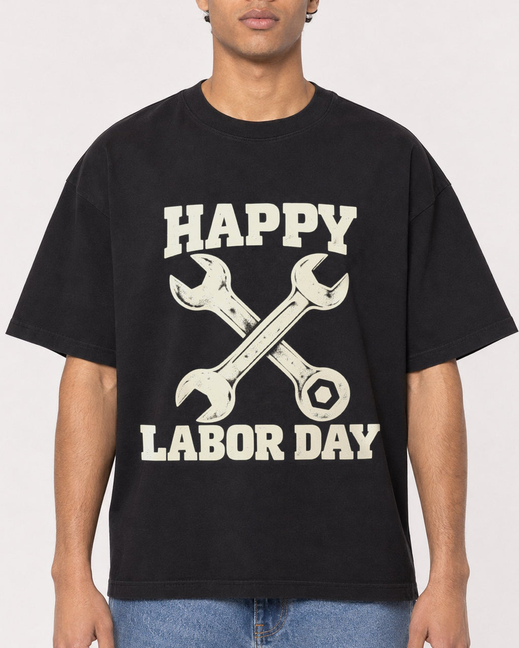 Mockup Boxy Heavyweight Tee Black male close-up 10