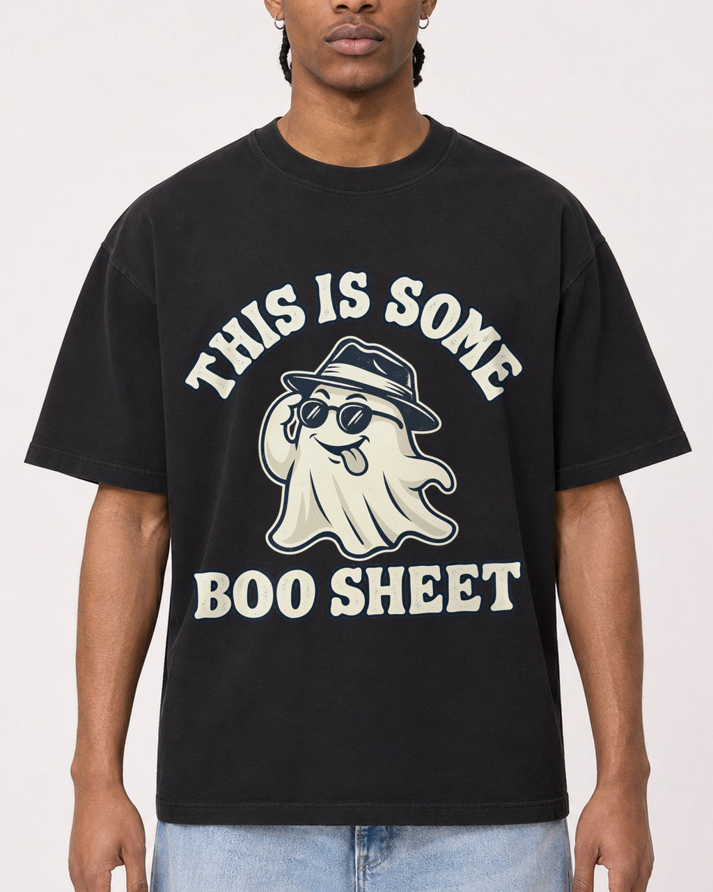 Mockup Boxy Heavyweight Tee Black male close-up 25
