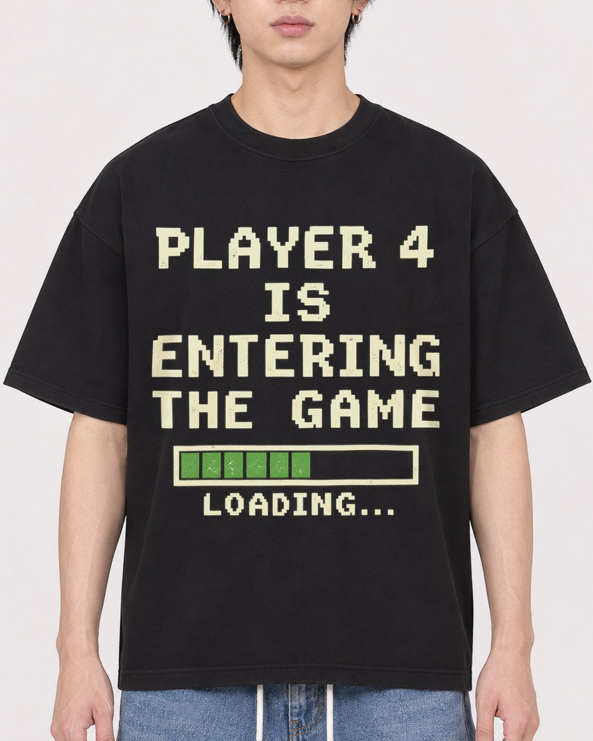 Mockup Boxy Heavyweight Tee Black male close-up 11