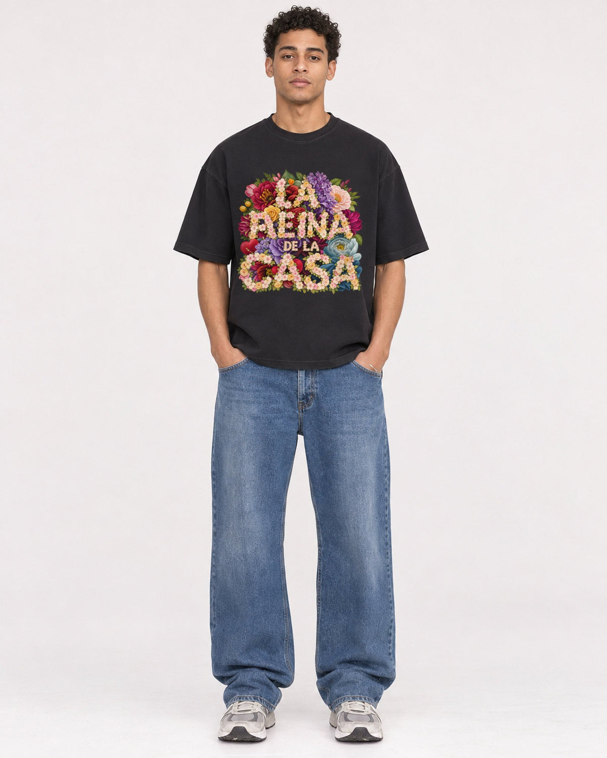Mockup Boxy Heavyweight Tee Black male full-body 10