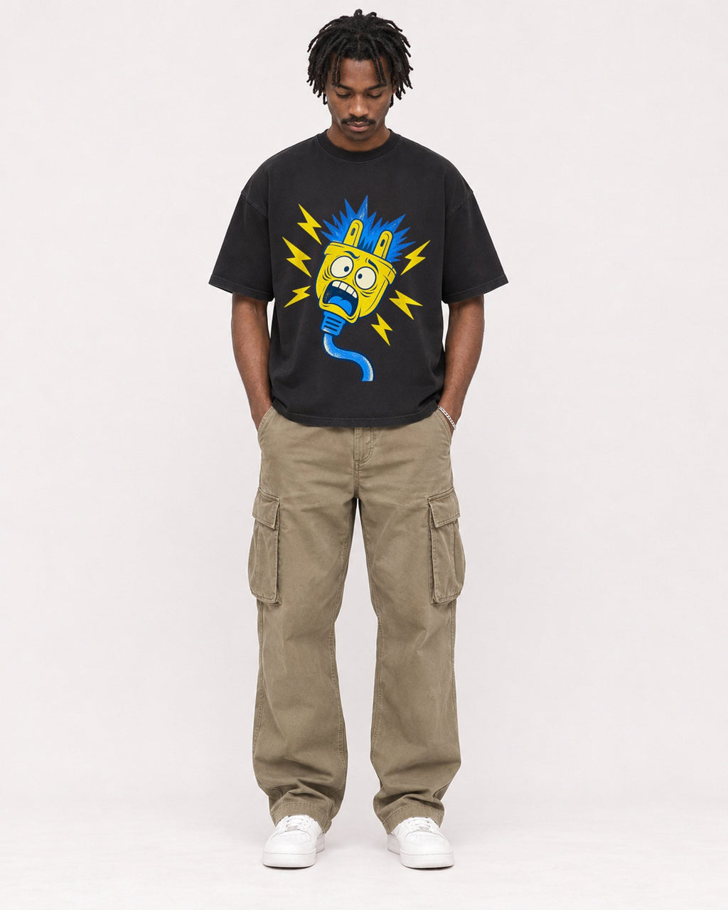 Mockup Boxy Heavyweight Tee Black male full-body 04
