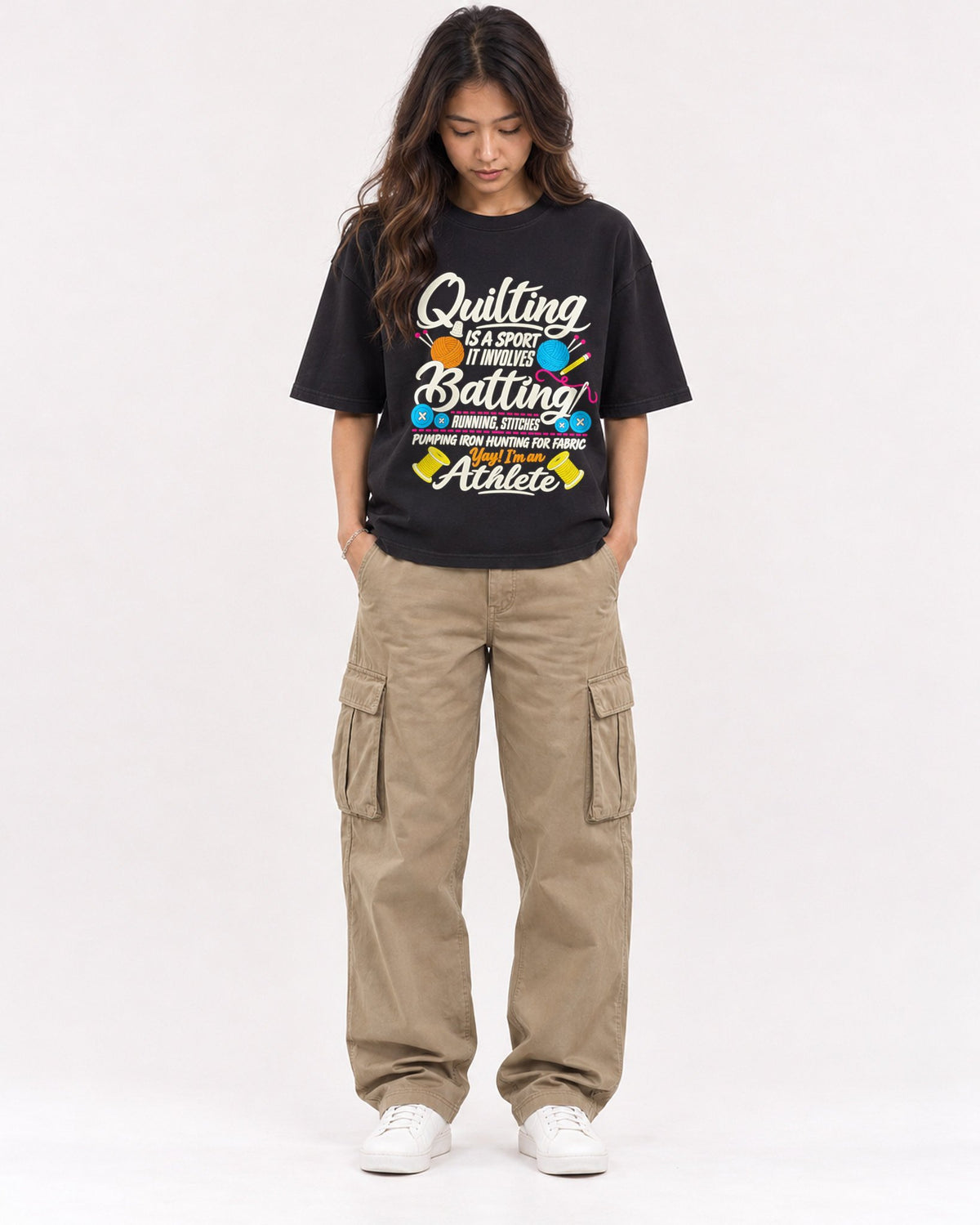 Mockup Boxy Heavyweight Tee Black female full-body 02
