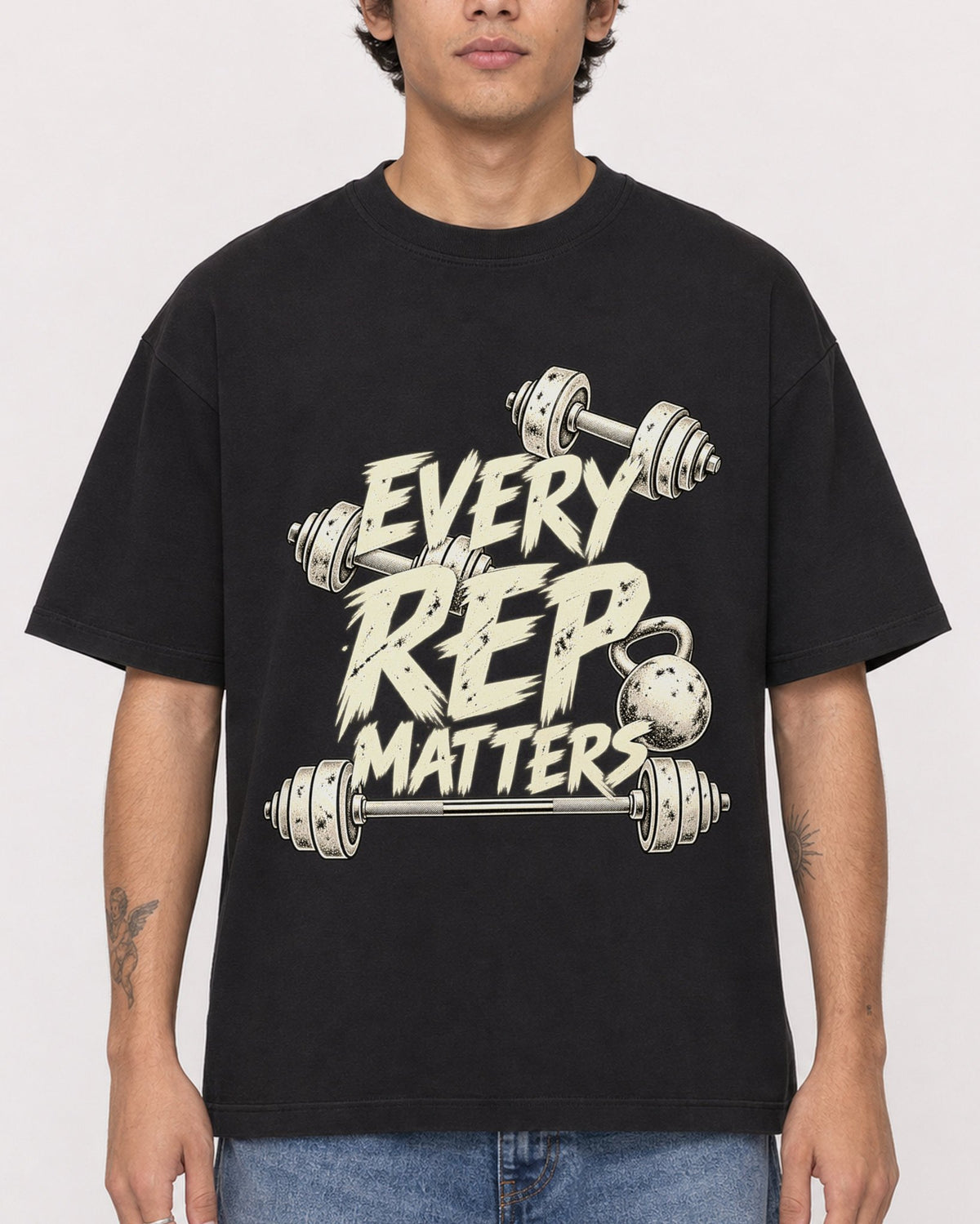 Mockup Boxy Heavyweight Tee Black male close-up 06
