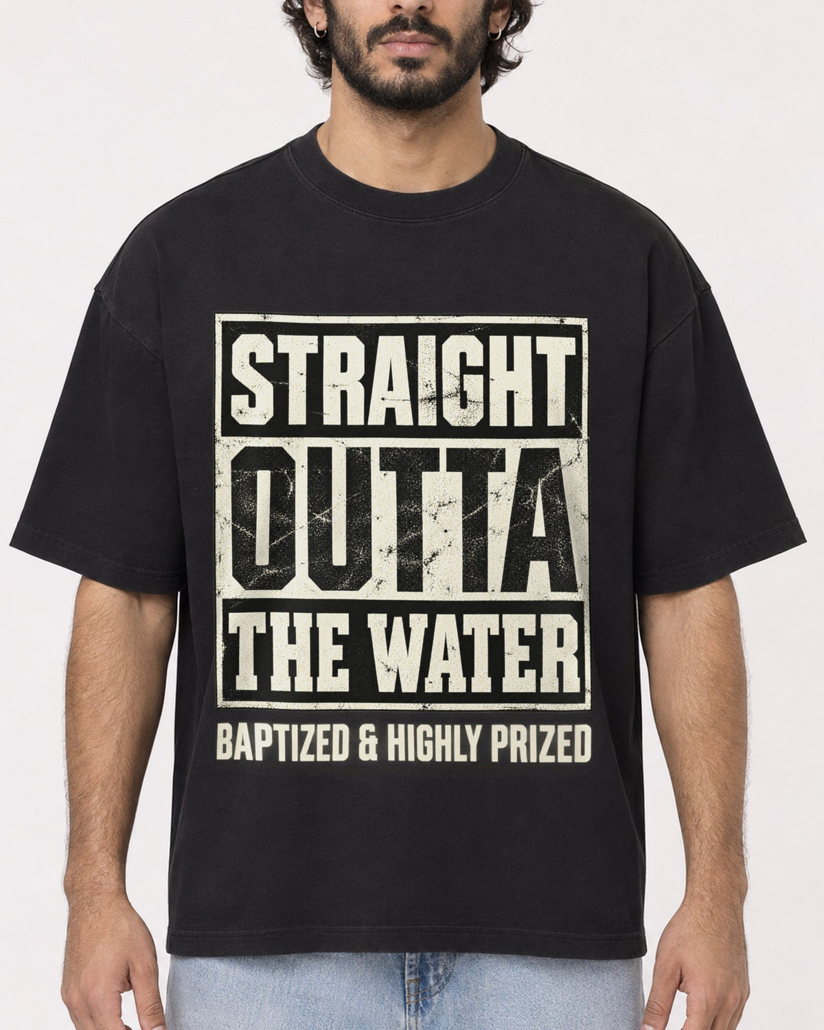 Mockup Boxy Heavyweight Tee Black male close-up 17