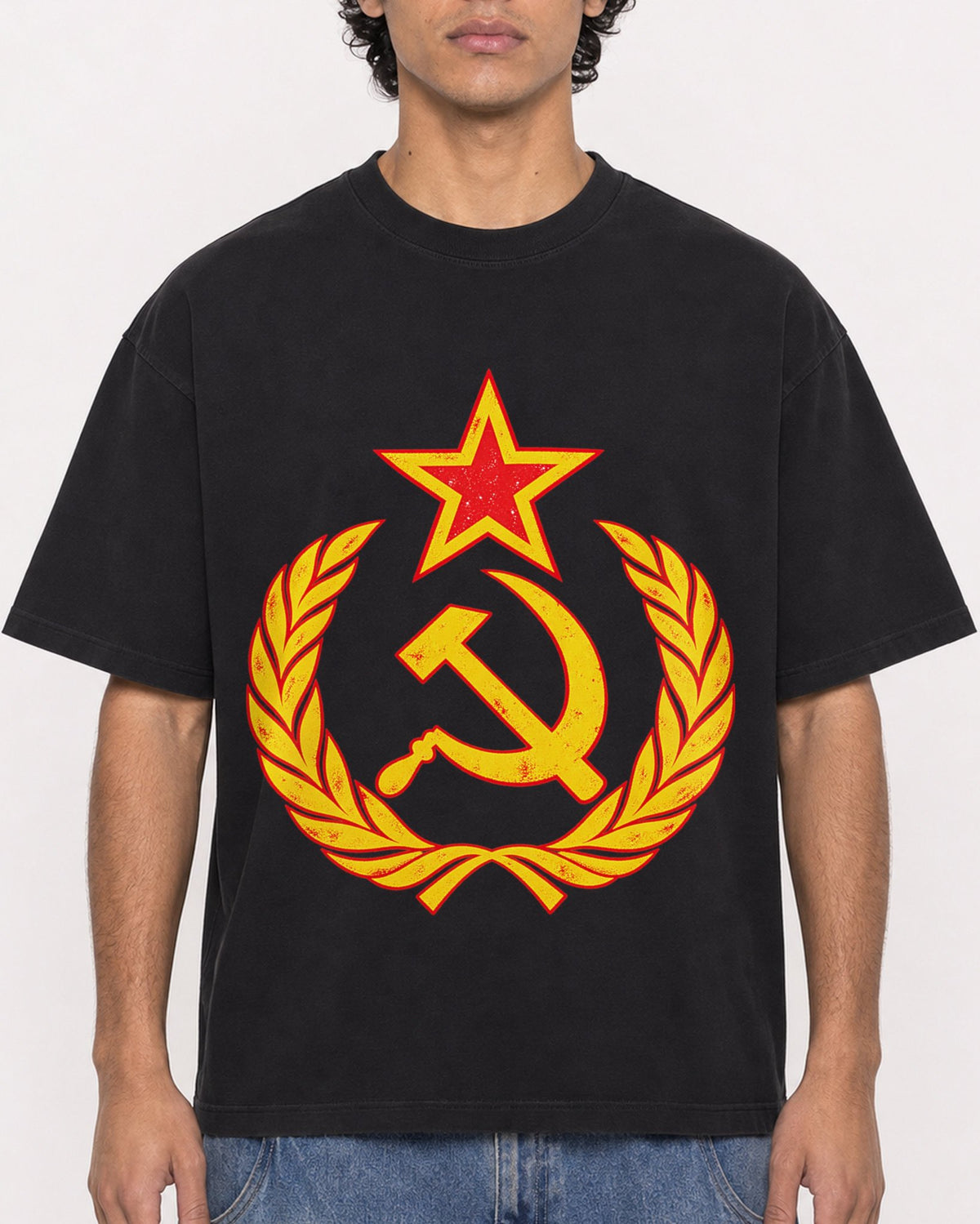 Mockup Boxy Heavyweight Tee Black male close-up 26