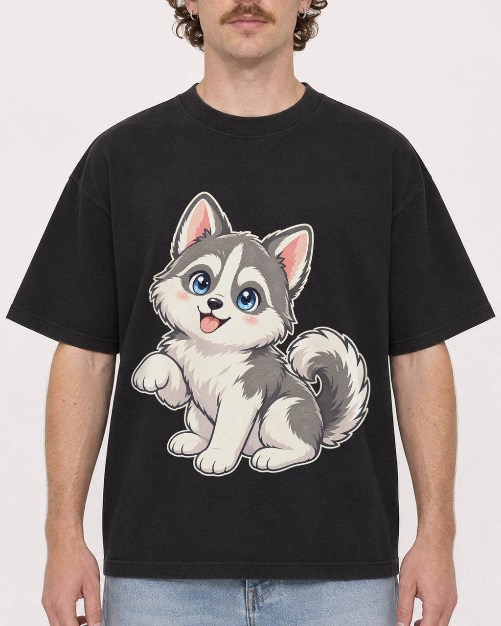 Mockup Boxy Heavyweight Tee Black male close-up 09