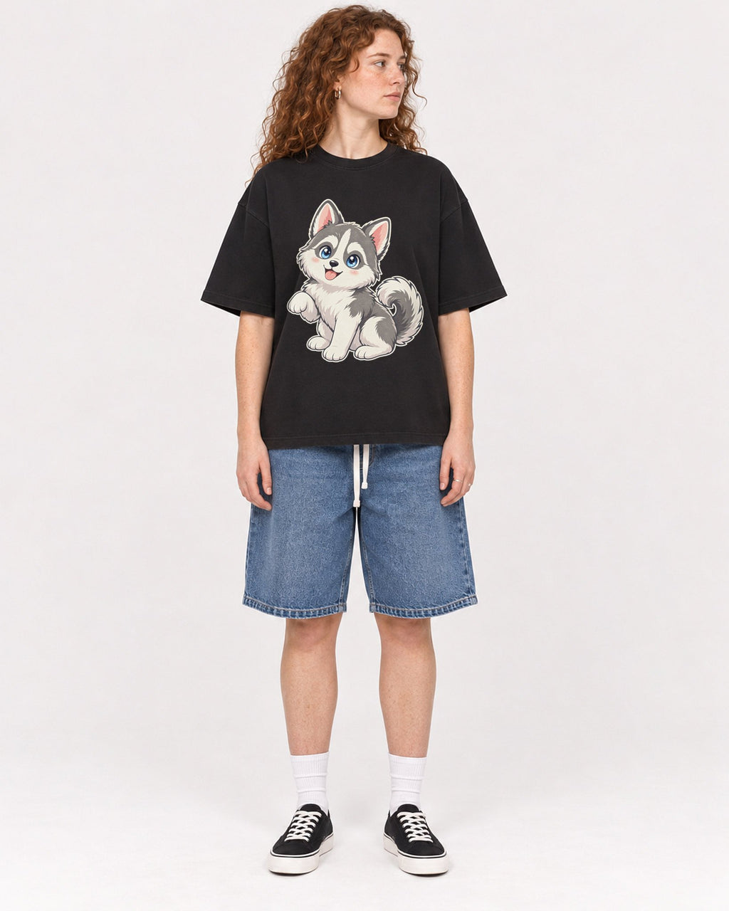 Mockup Boxy Heavyweight Tee Black female full-body 09