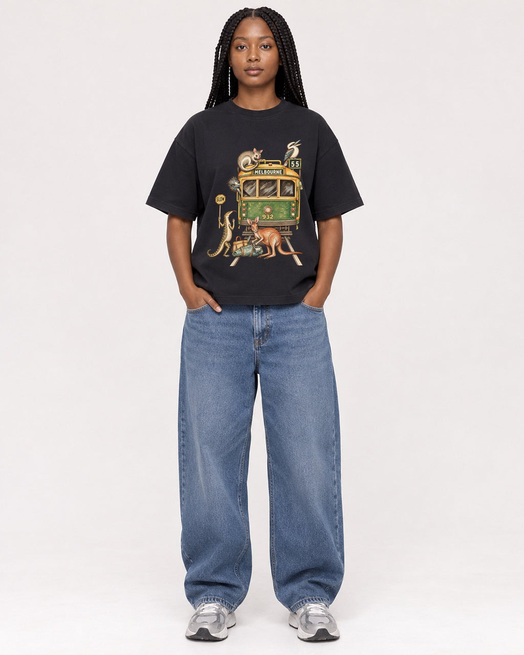 Mockup Boxy Heavyweight Tee Black female full-body 04