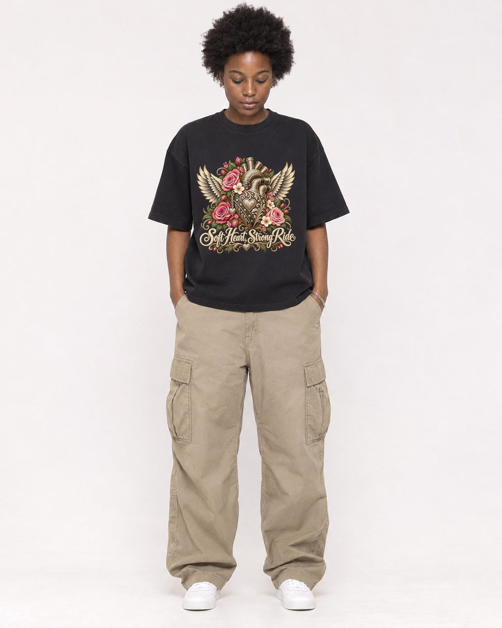Mockup Boxy Heavyweight Tee Black female full-body 14