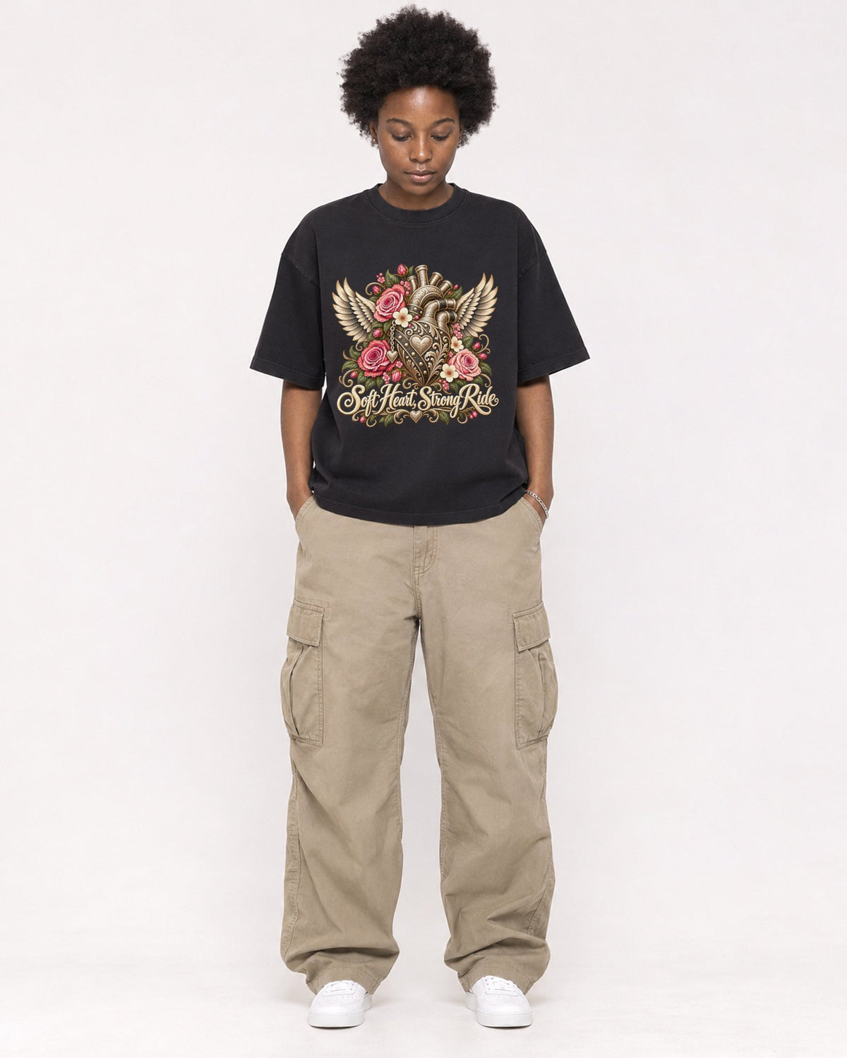 Mockup Boxy Heavyweight Tee Black female full-body 14