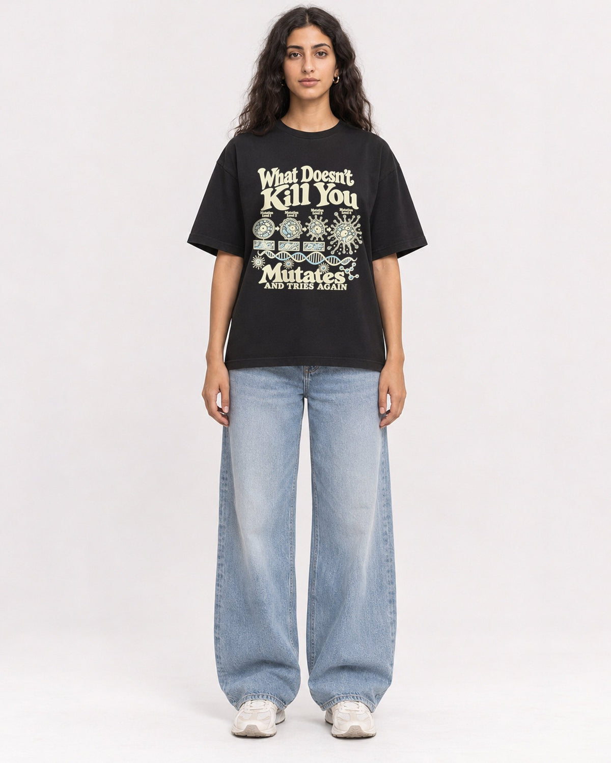 Mockup Boxy Heavyweight Tee Black female full-body 07
