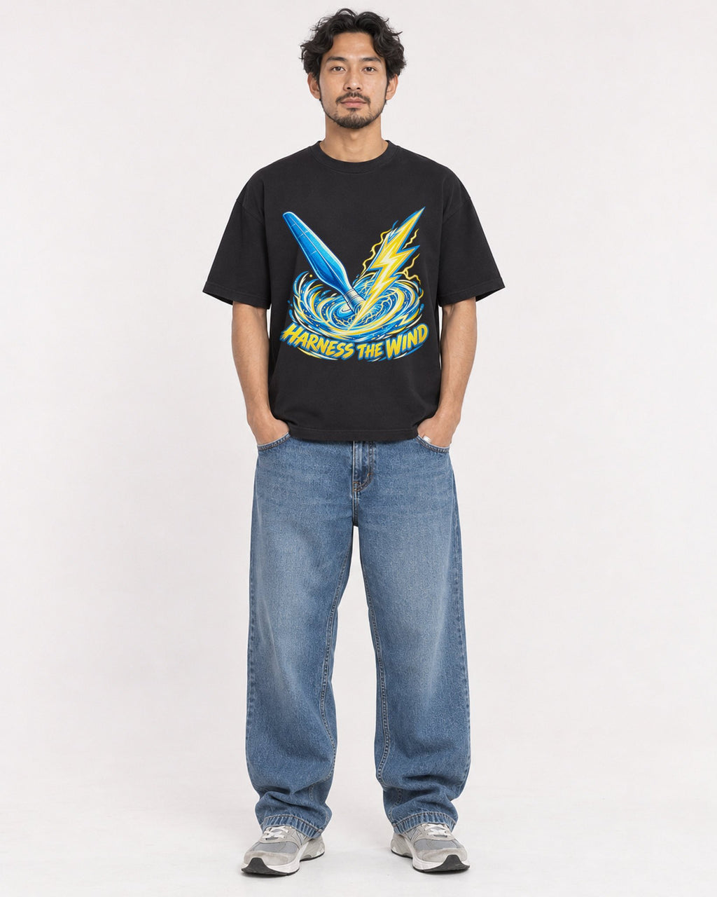 Mockup Boxy Heavyweight Tee Black male full-body 02
