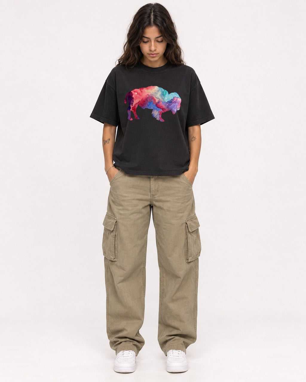 Mockup Boxy Heavyweight Tee Black female full-body 06