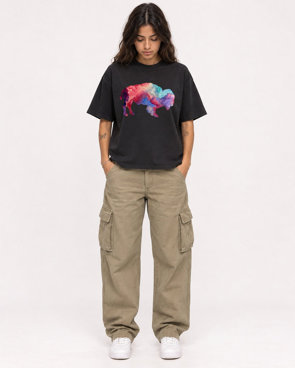 Mockup Boxy Heavyweight Tee Black female full-body 06