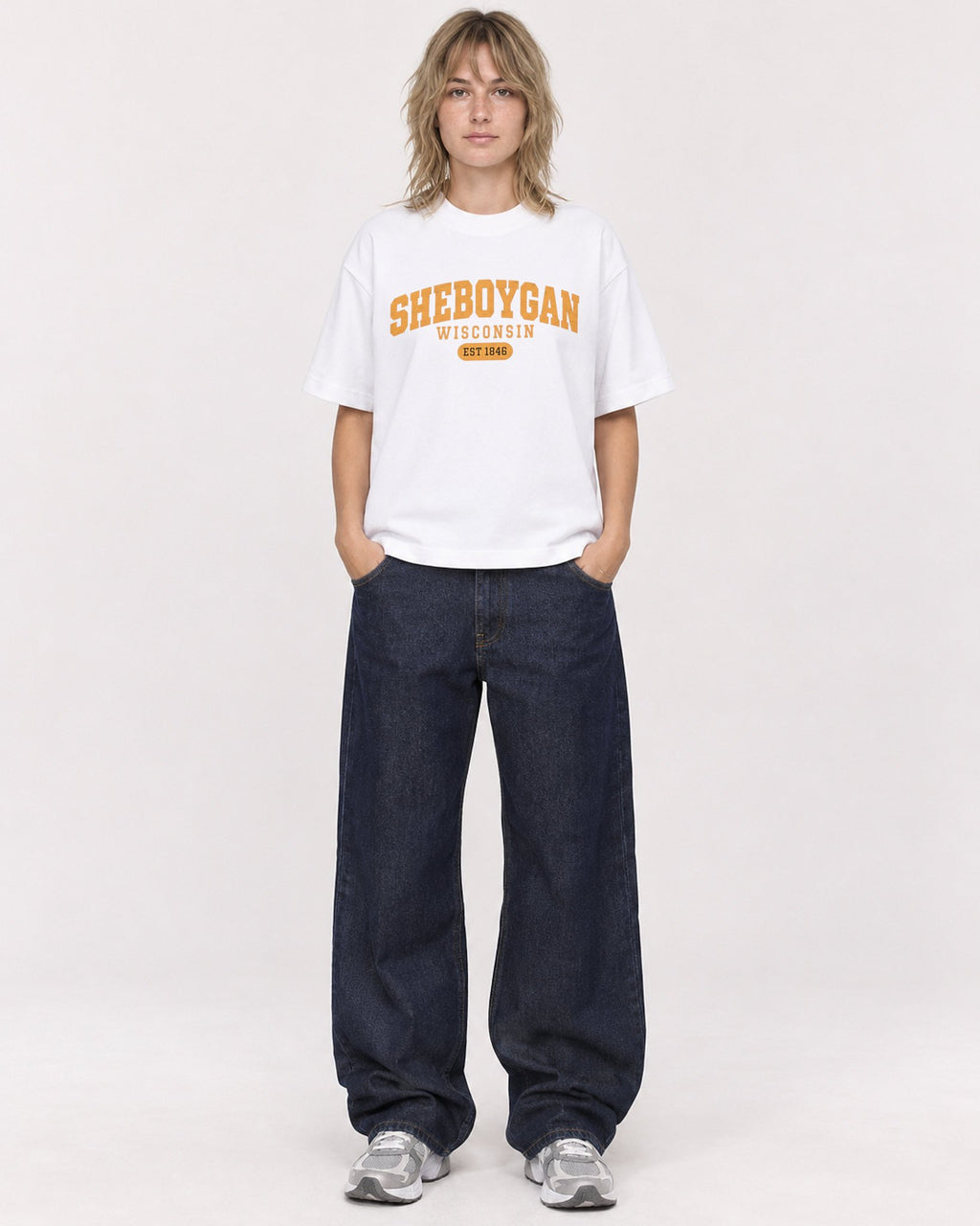 Mockup Boxy Heavyweight Tee White female full-body 19