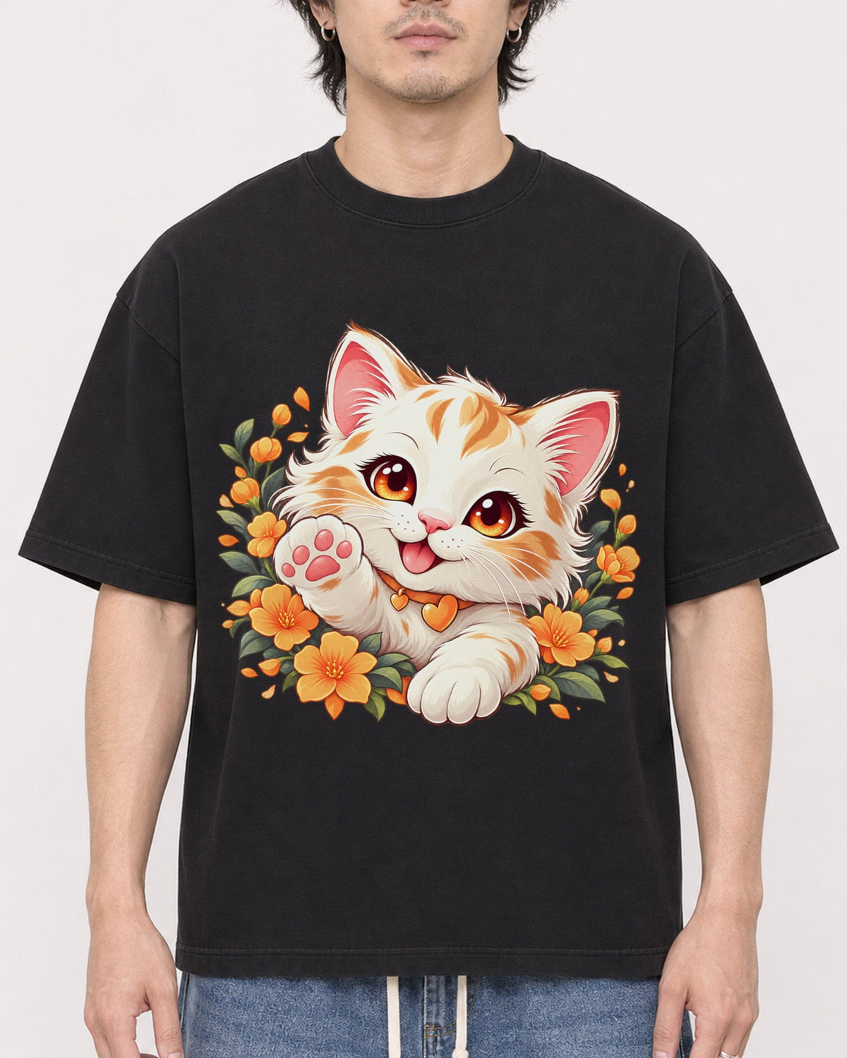 Mockup Boxy Heavyweight Tee Black male close-up 03