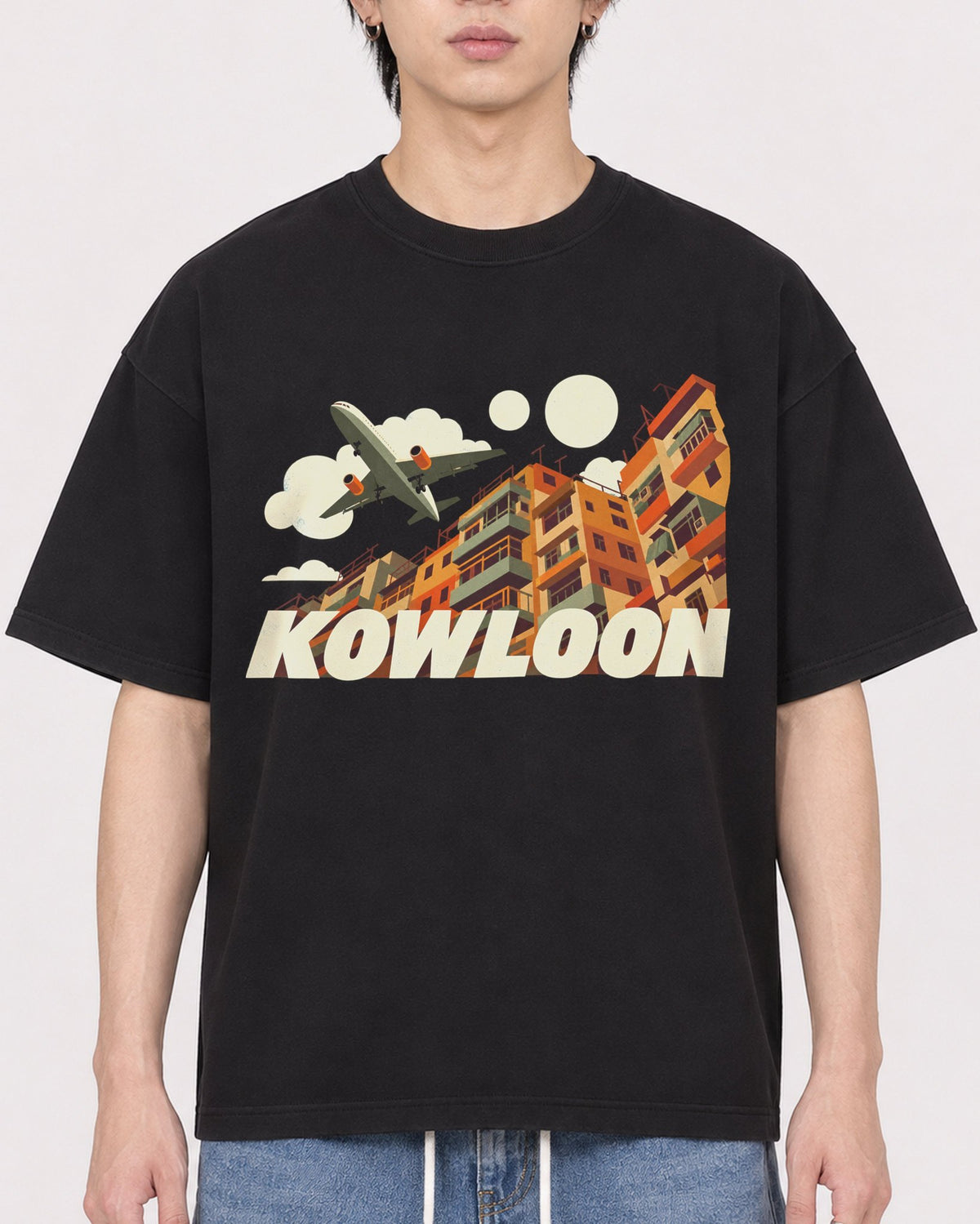 Mockup Boxy Heavyweight Tee Black male close-up 11