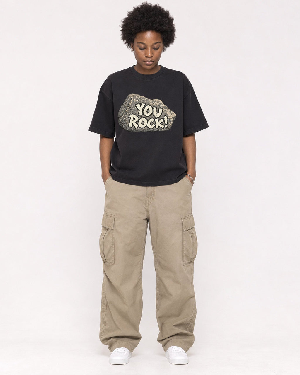 Mockup Boxy Heavyweight Tee Black female full-body 14