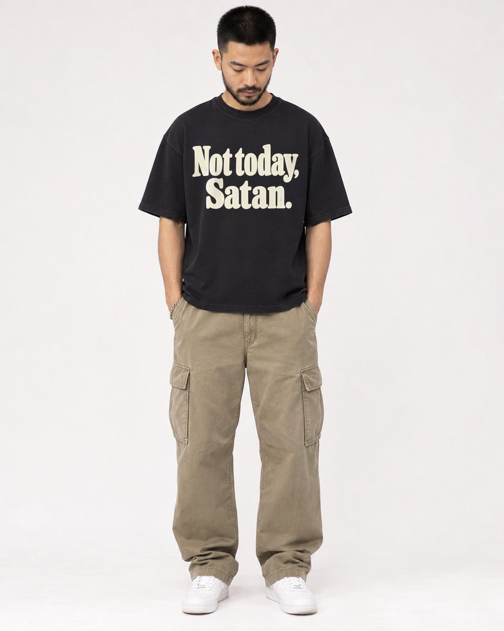 Mockup Boxy Heavyweight Tee Black male full-body 32
