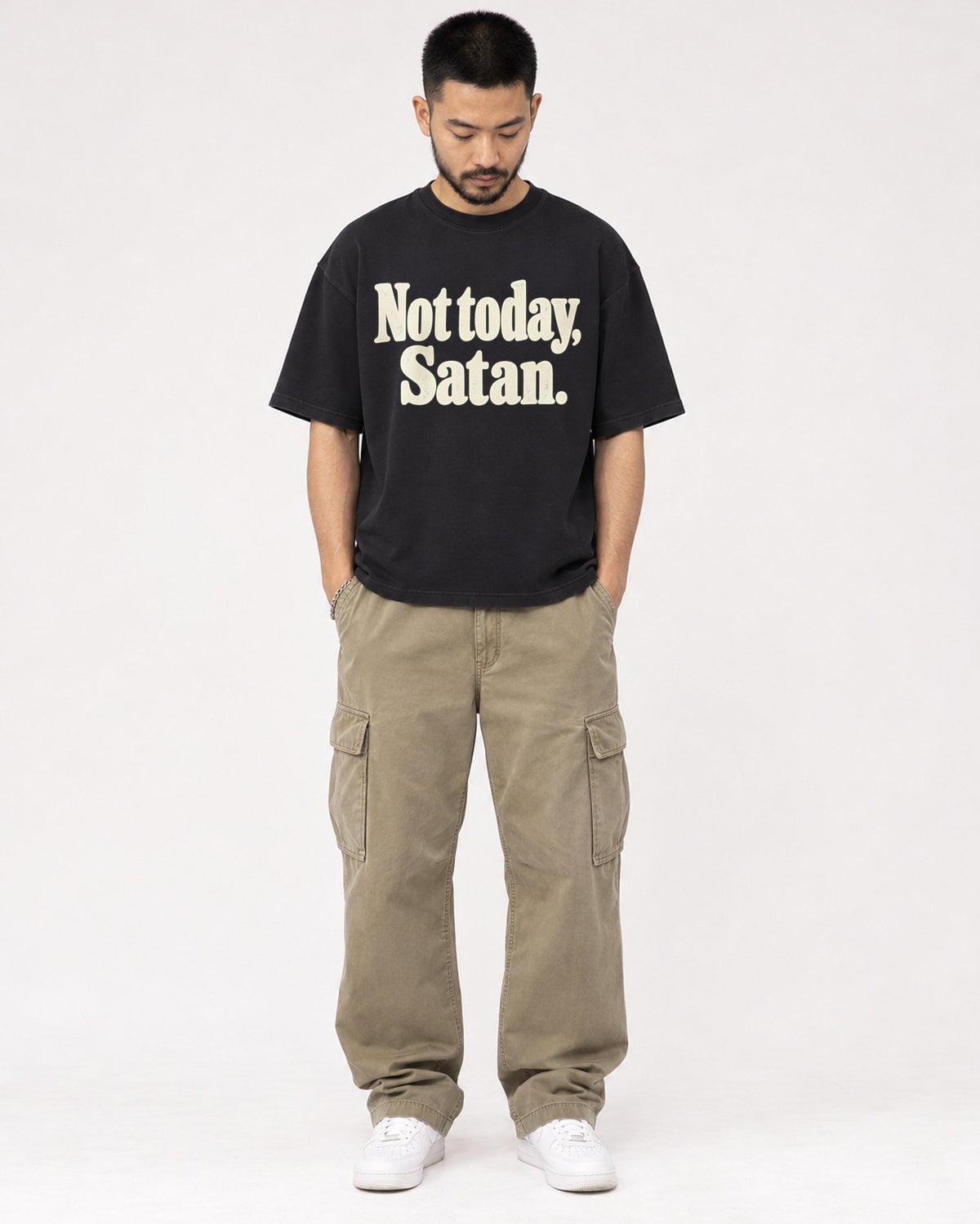 Mockup Boxy Heavyweight Tee Black male full-body 32