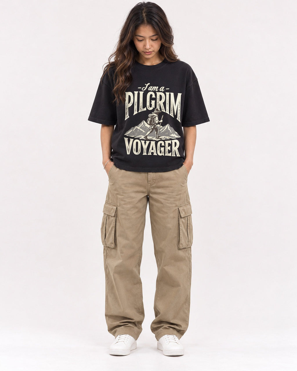 Mockup Boxy Heavyweight Tee Black female full-body 02
