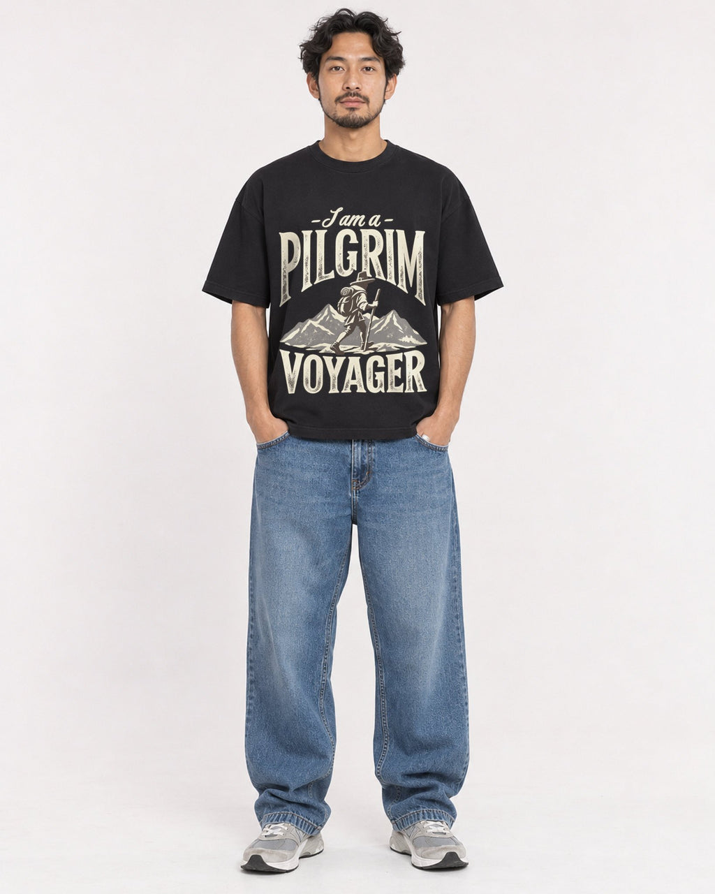 Mockup Boxy Heavyweight Tee Black male full-body 02