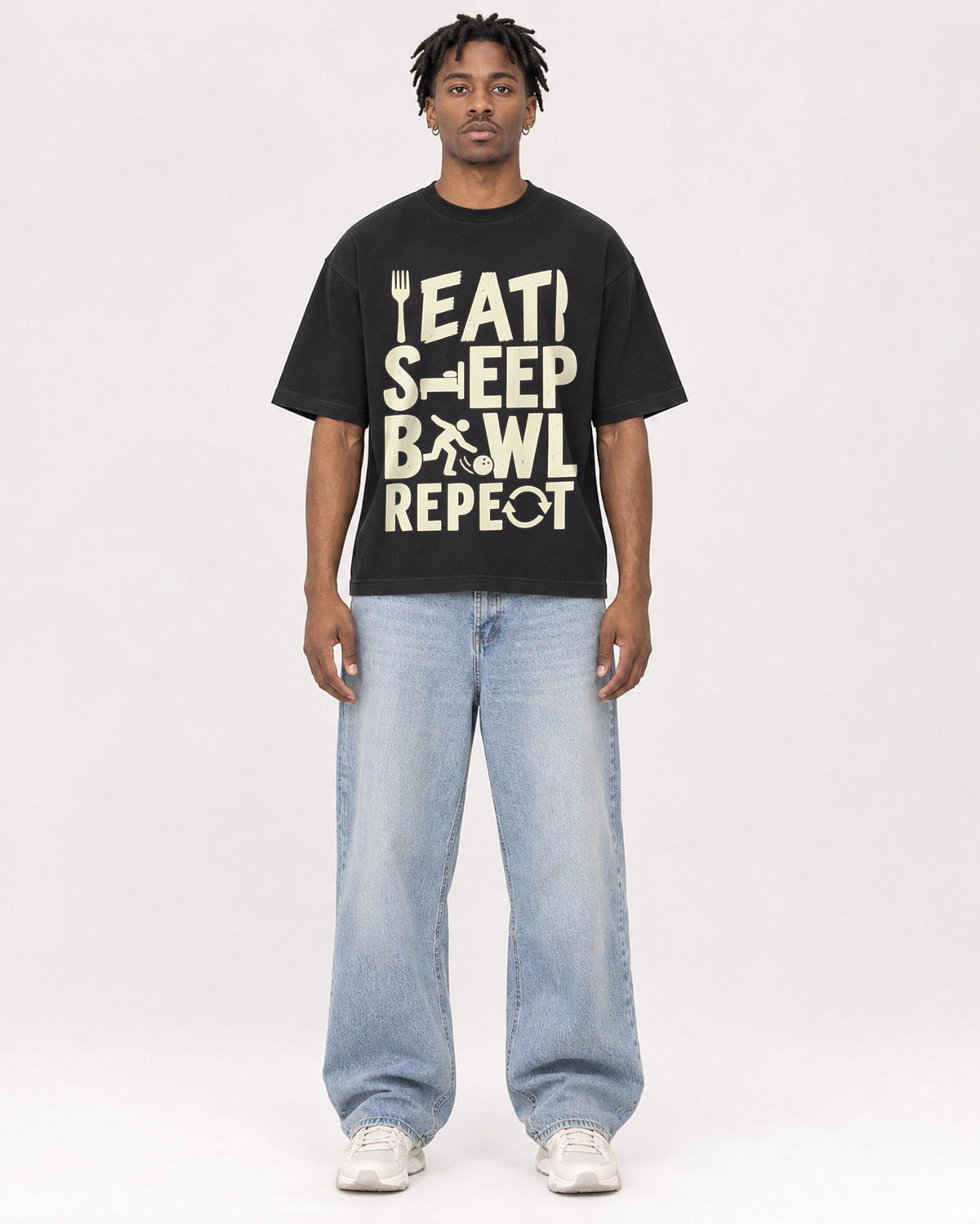 Mockup Boxy Heavyweight Tee Black male full-body 05