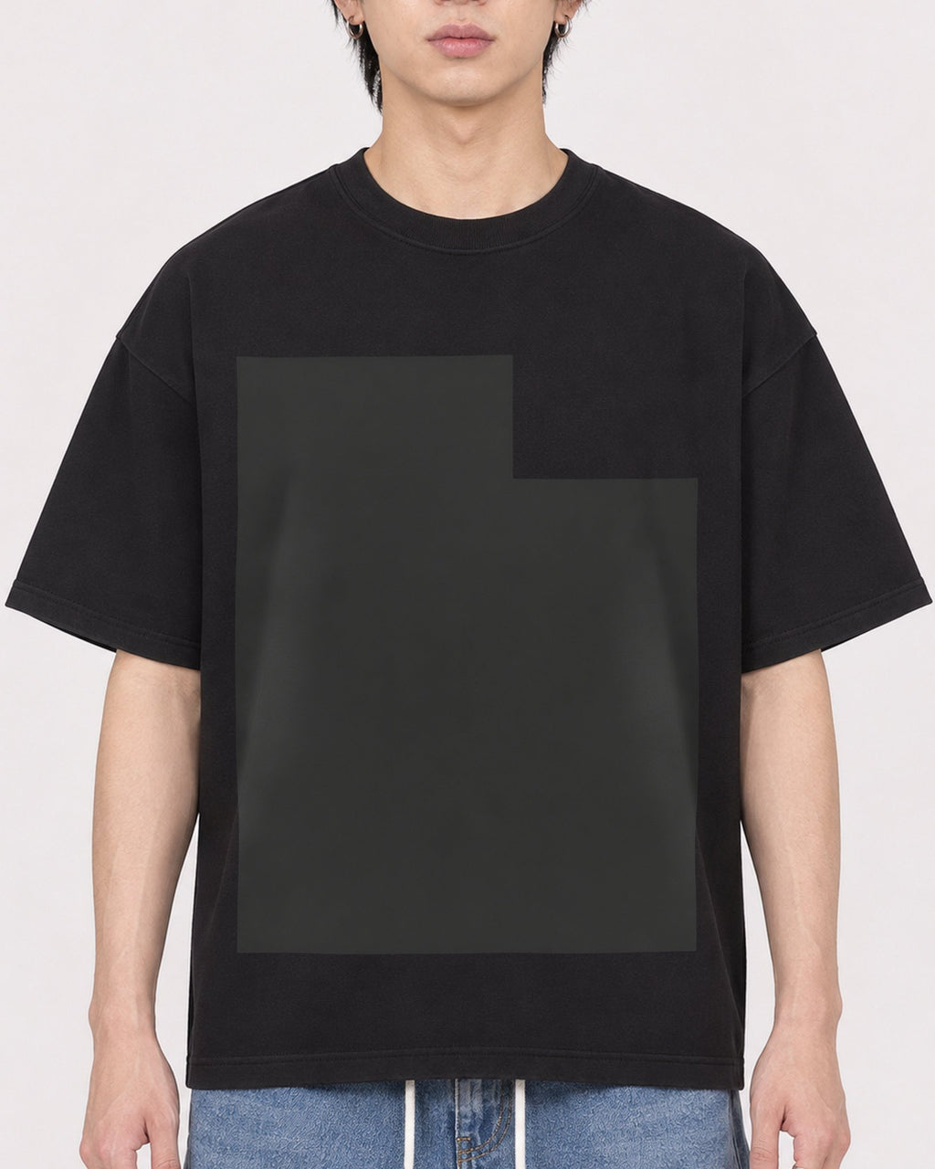 Mockup Boxy Heavyweight Tee Black male close-up 11