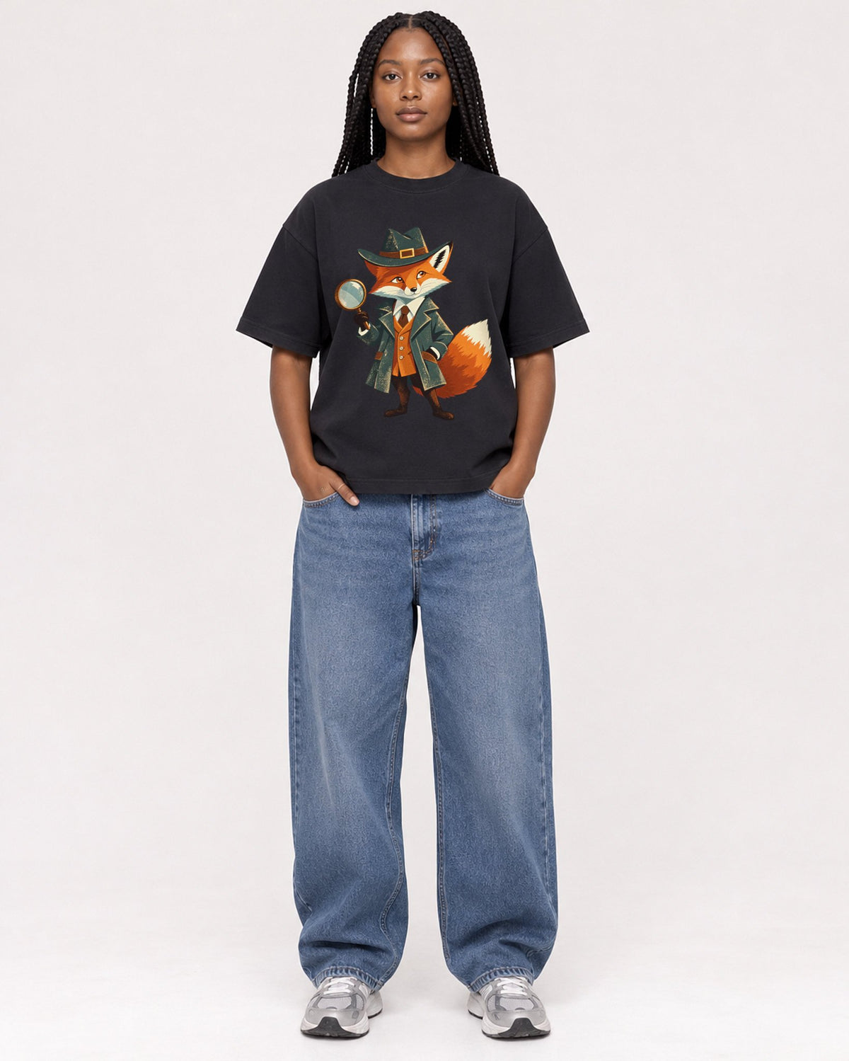 Mockup Boxy Heavyweight Tee Black female full-body 04