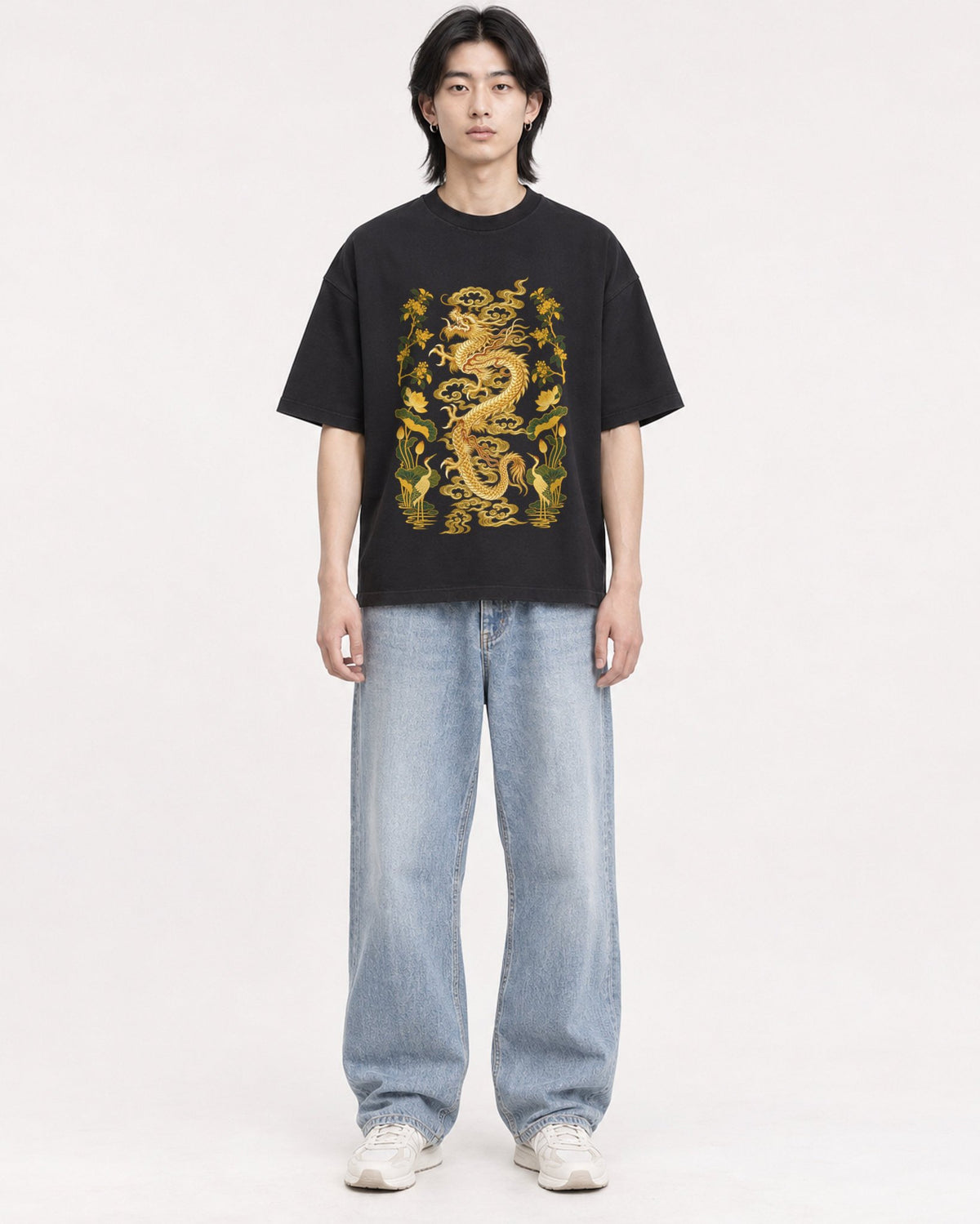 Mockup Boxy Heavyweight Tee Black male full-body 41