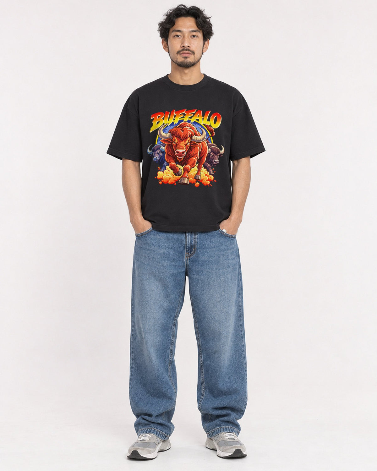 Mockup Boxy Heavyweight Tee Black male full-body 02