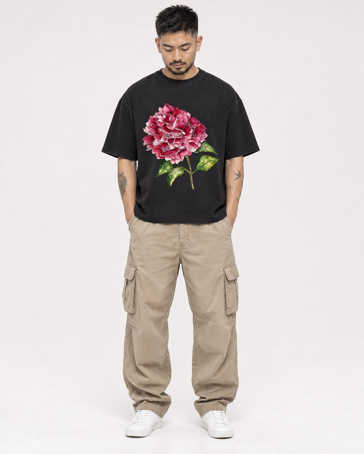 Mockup Boxy Heavyweight Tee Black male full-body 12