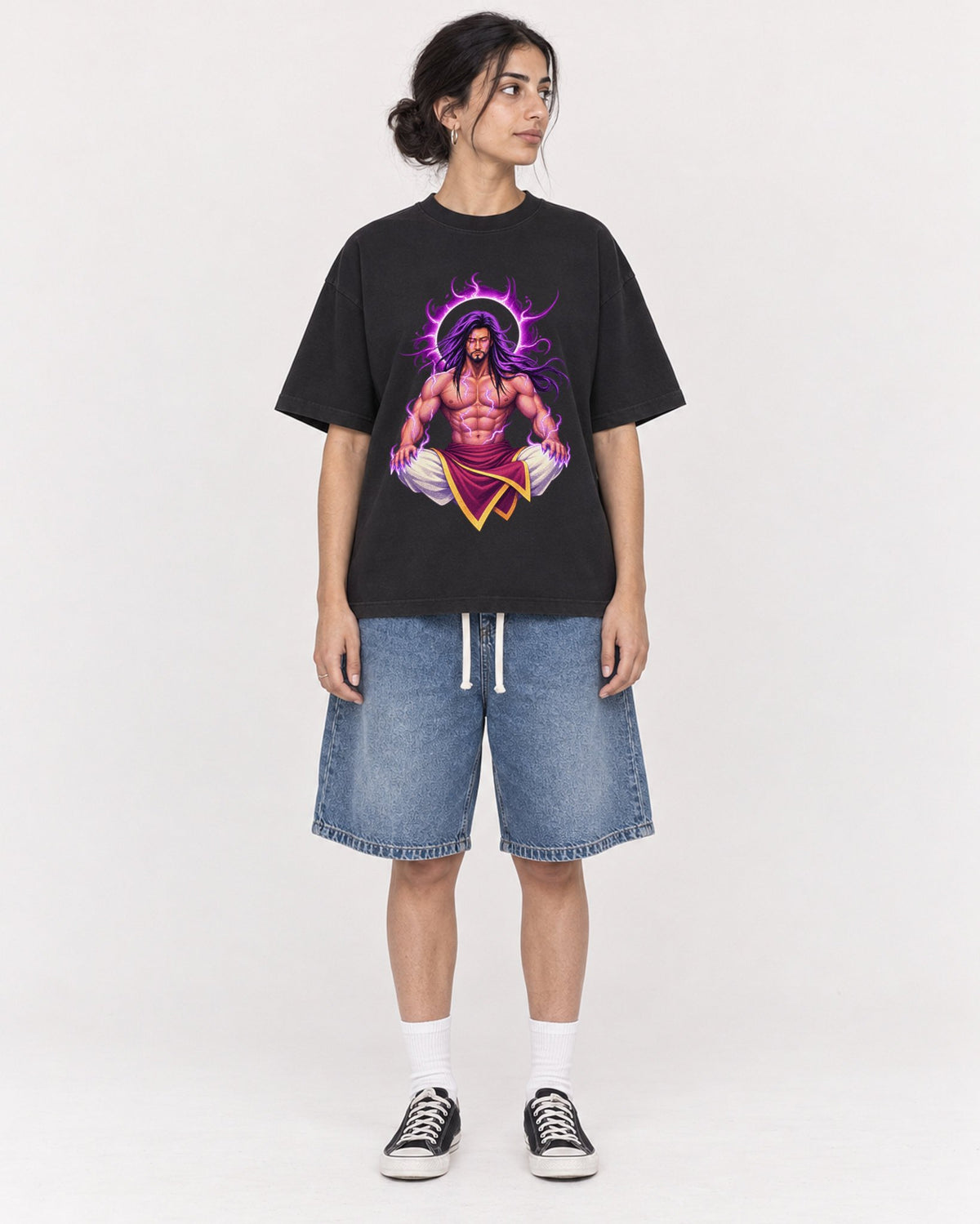 Mockup Boxy Heavyweight Tee Black female full-body 17