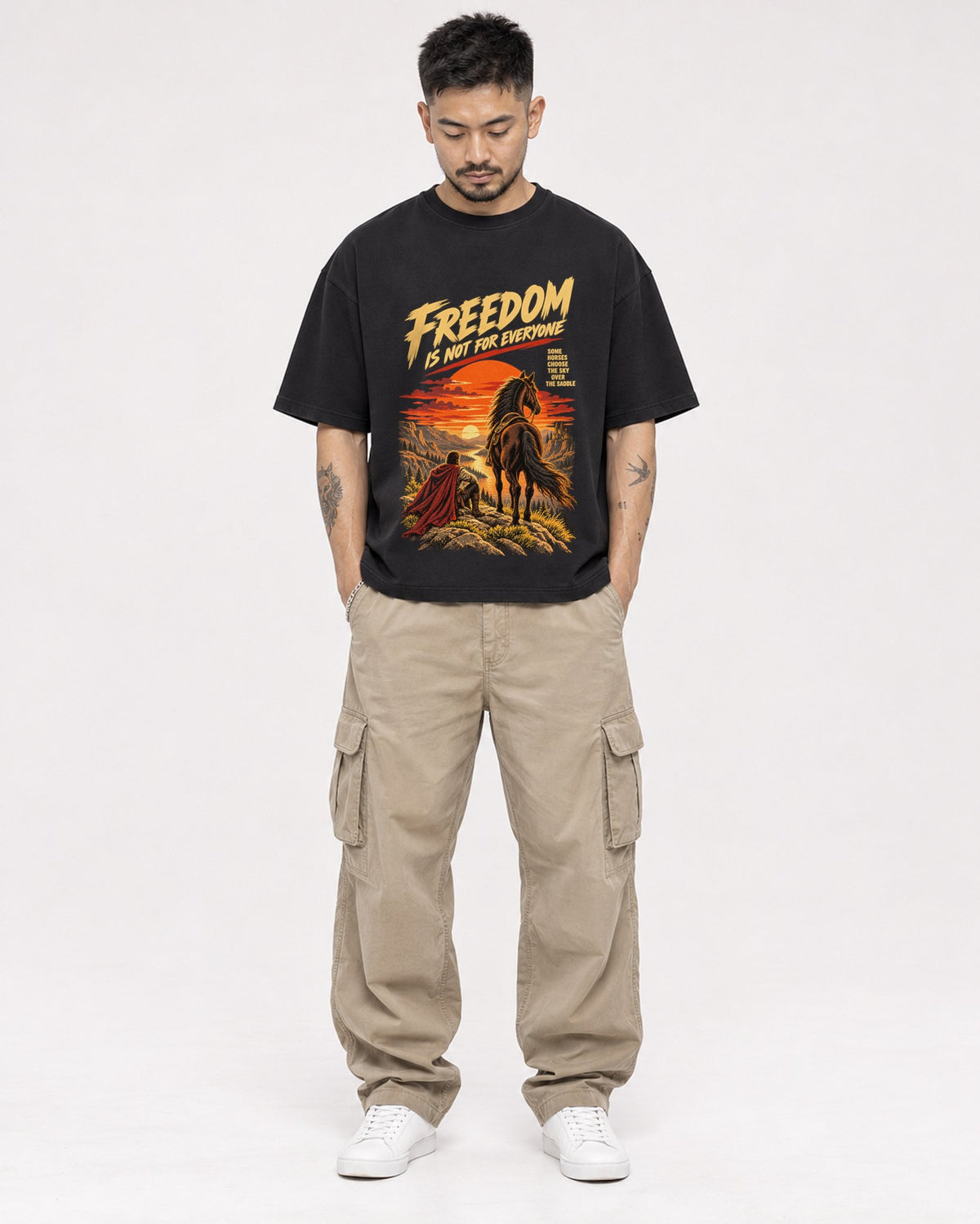 Mockup Boxy Heavyweight Tee Black male full-body 12