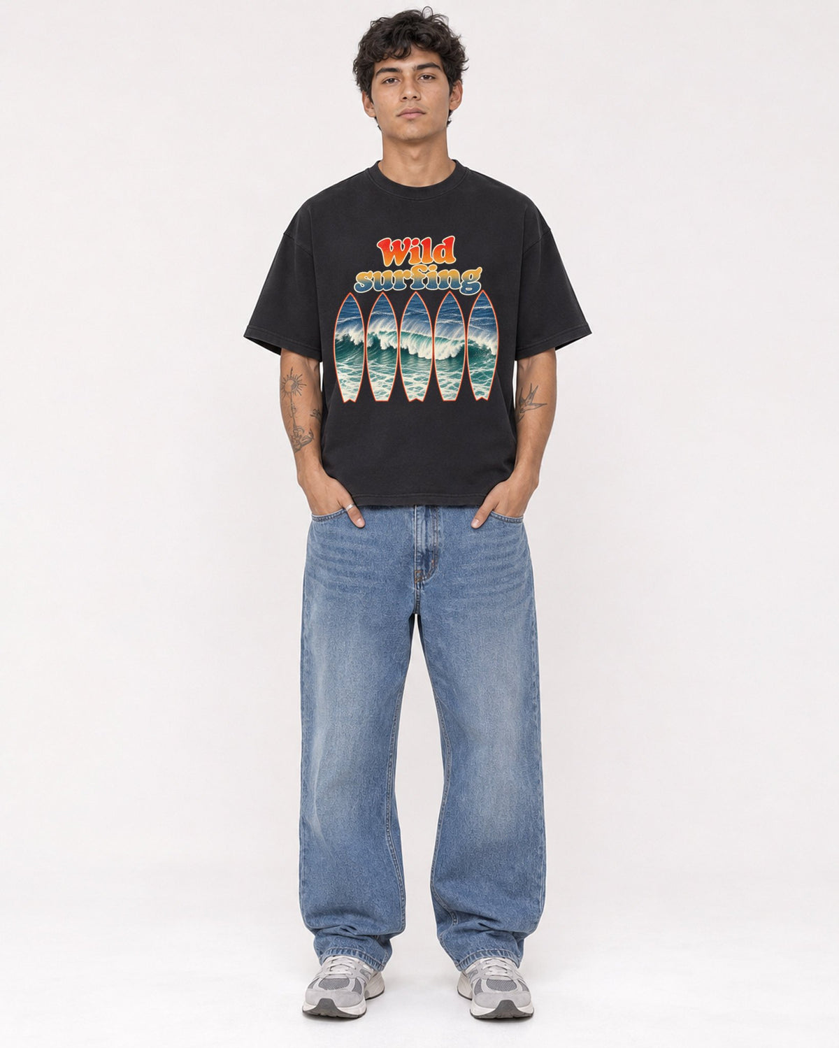 Mockup Boxy Heavyweight Tee Black male full-body 06