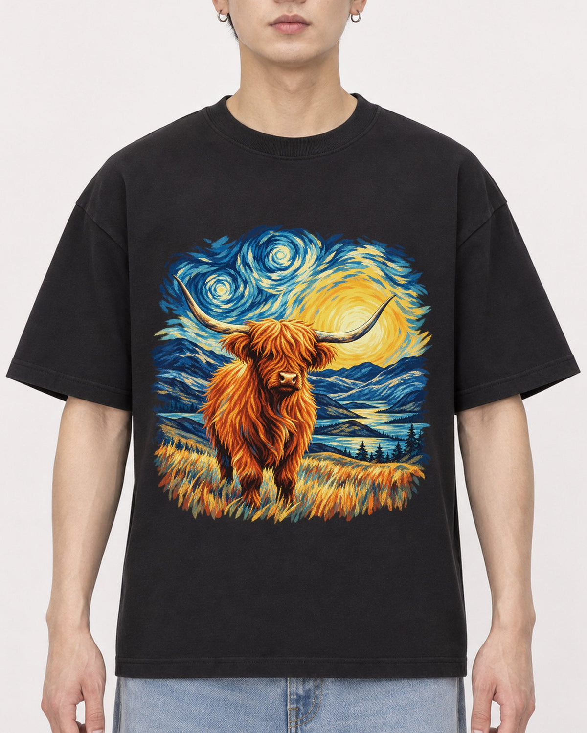 Mockup Boxy Heavyweight Tee Black male close-up 01