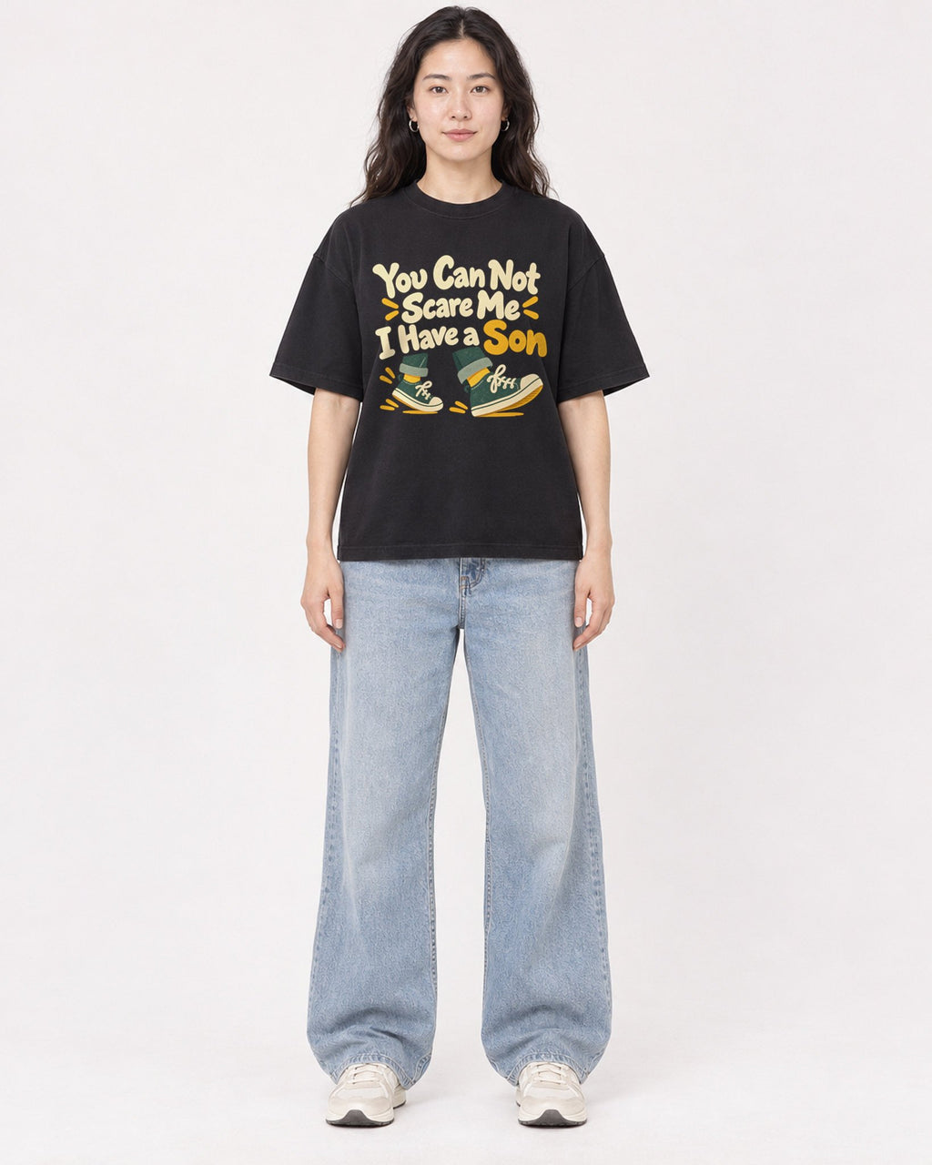 Mockup Boxy Heavyweight Tee Black female full-body 03