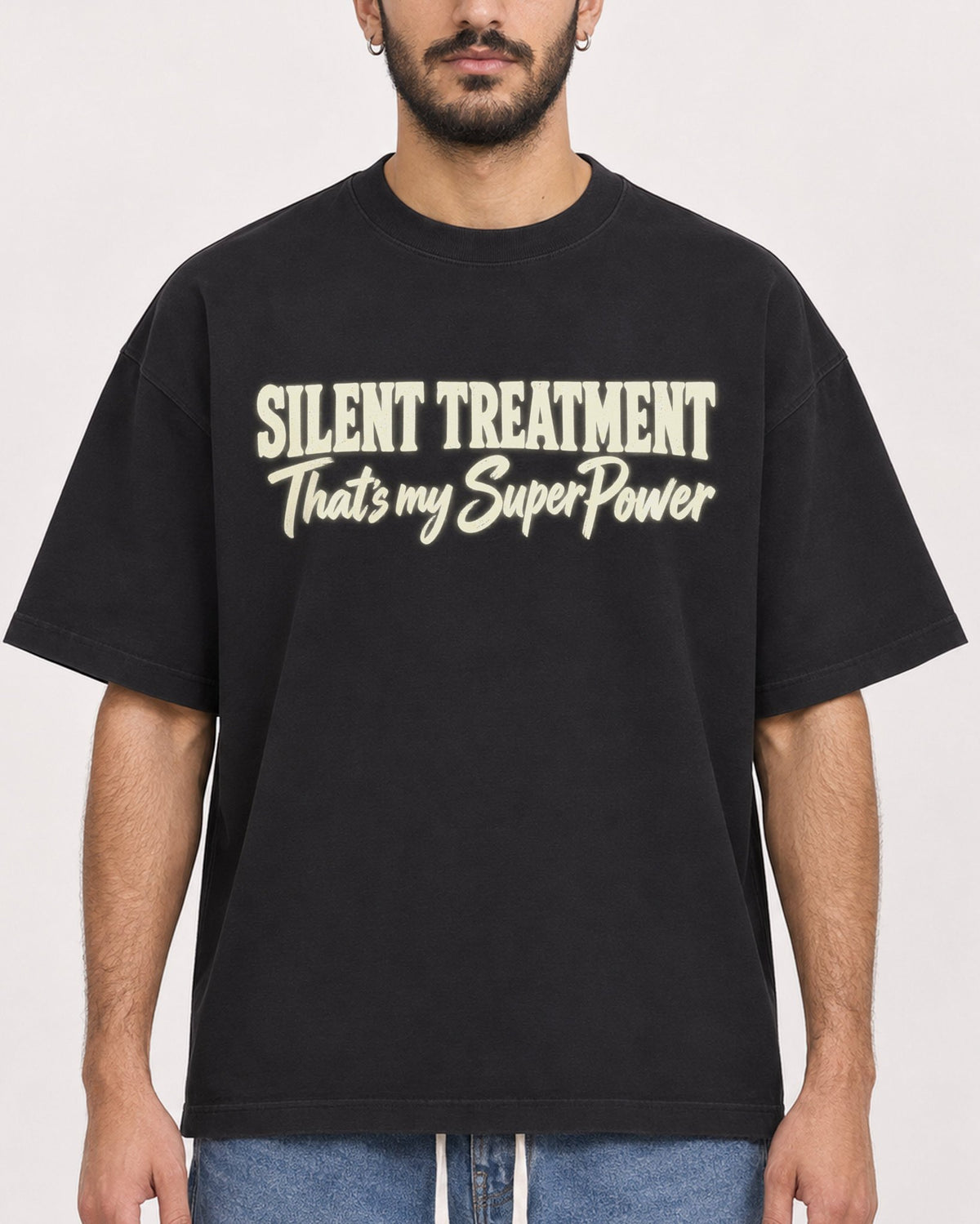 Mockup Boxy Heavyweight Tee Black male close-up 07