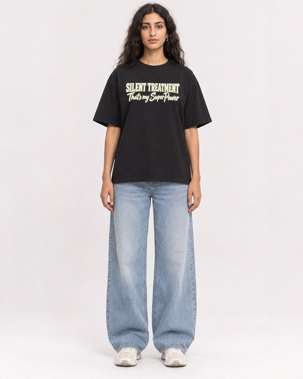 Mockup Boxy Heavyweight Tee Black female full-body 07